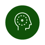 Ein Icon mit einem Kopf, in dessen Mitte eine Zielscheibe ist auf grünem Grund. Das Icon symbolisiert Bewusstsein.