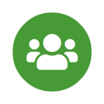 Ein weißes Icon in einem grünen Kreis symbolisiert eine Gruppe von Personen.