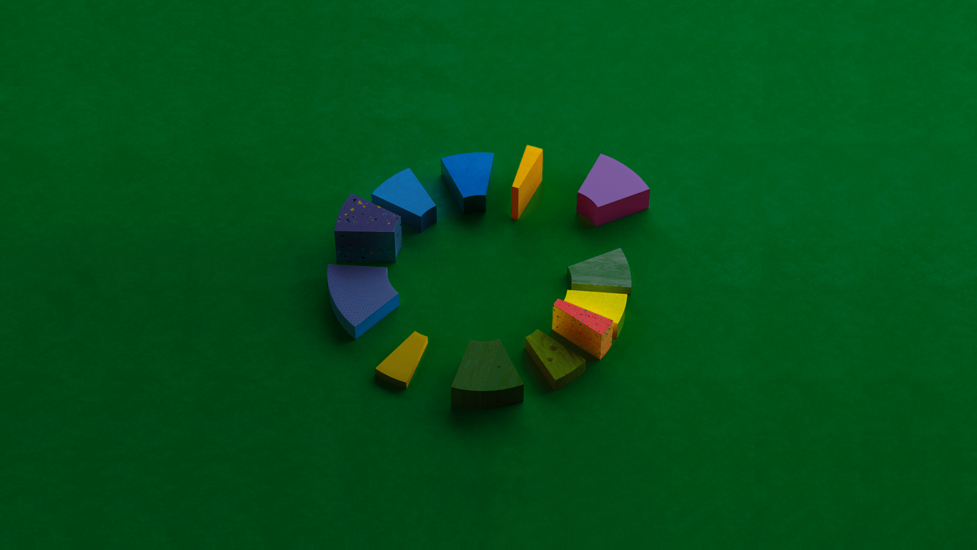 Bunte Bausteine verschiedener Farben und Formen bilden einen Kreis auf gelbem Grund.