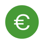 Ein weißes Icon in einem grünen Kreis zeigt ein Euro-Zeichen und symbolisiert Kosten.